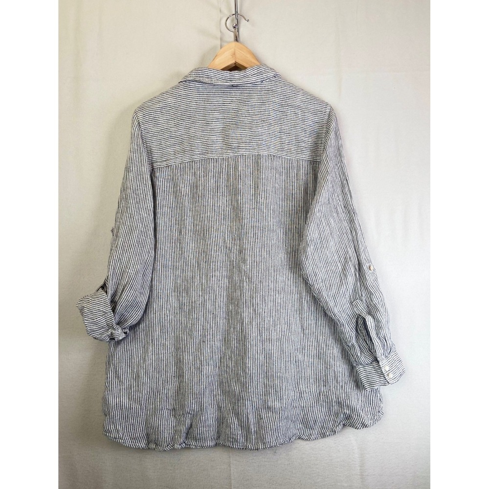 Sigrid Olsen 100% Linen Striped Roll Tab Tunic Shirt Blue White Plus Size 1X - Picture 2 of 7